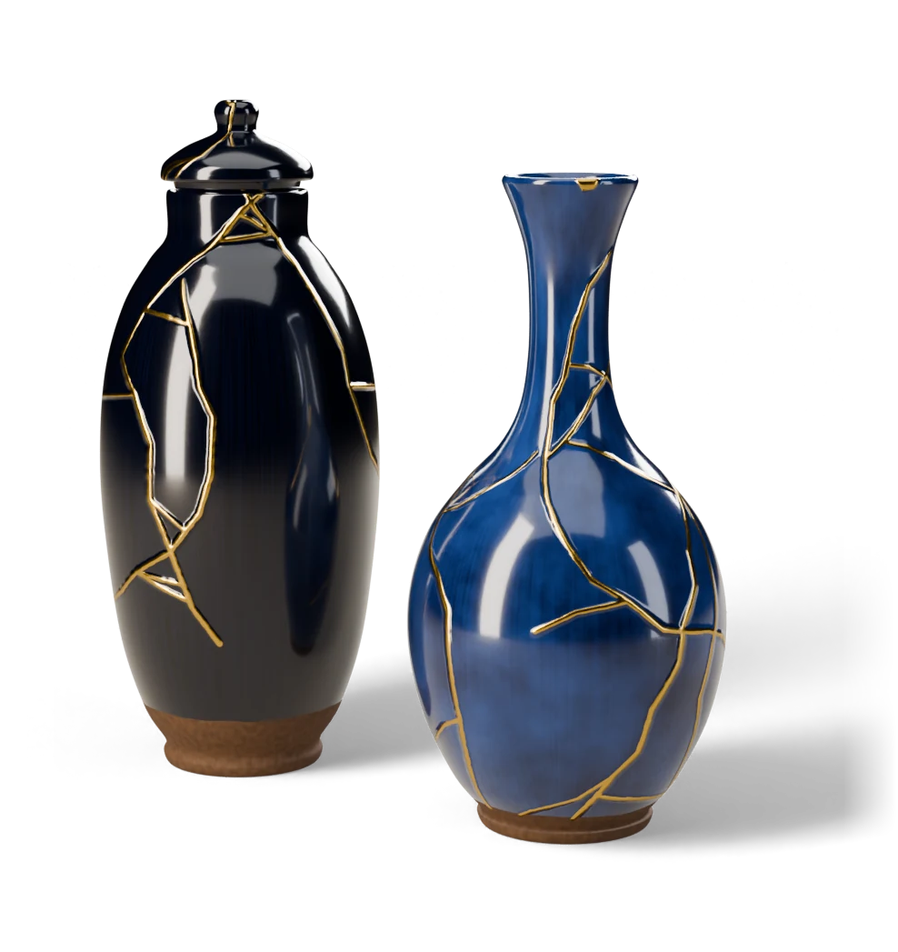 A black lidded jar and a blue vase, each repaired with seams of gold in the kintsugi tradition